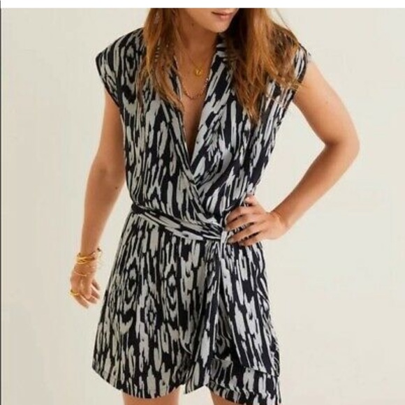 Mango Printed Bow Wrap Romper in Blue - Picture 1 of 6